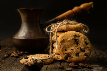 Chocolate chip cookies and coffee.