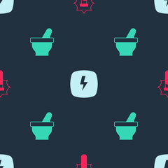 Set Explosion in the flask, Lightning bolt and Mortar and pestle on seamless pattern. Vector