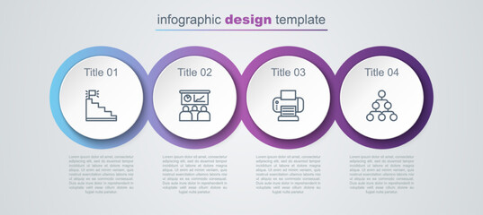 Set line Stair with finish flag, Training, presentation, Printer and Hierarchy organogram chart. Business infographic template. Vector