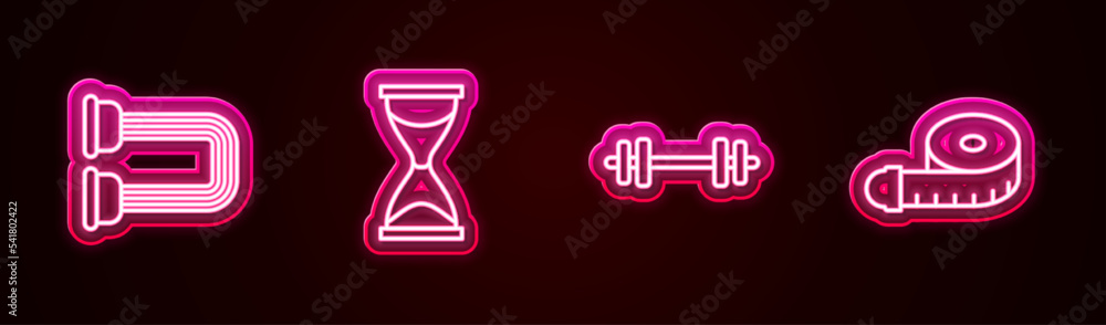 Canvas Prints set line chest expander, old hourglass, barbell and tape measure. glowing neon icon. vector