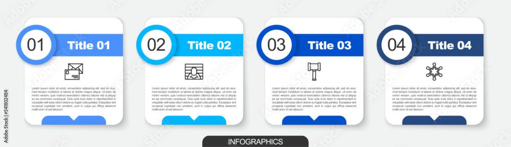 Poster set line envelope, prisoner, judge gavel and hexagram sheriff. business infographic template. vector