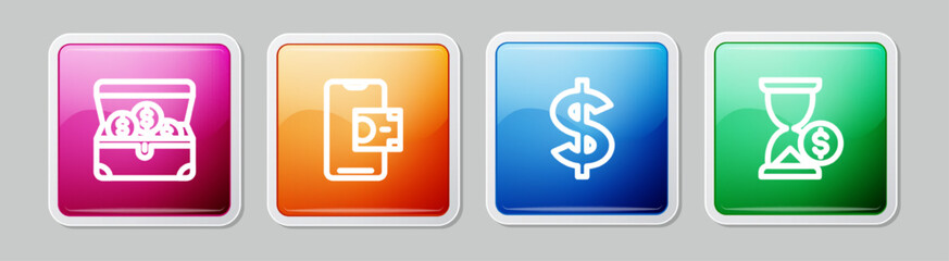 Set line Treasure chest, Mobile banking, Dollar symbol and Hourglass with dollar. Colorful square button. Vector