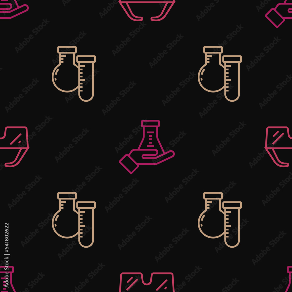 Poster set line safety goggle glasses, test tube and flask and on seamless pattern. vector
