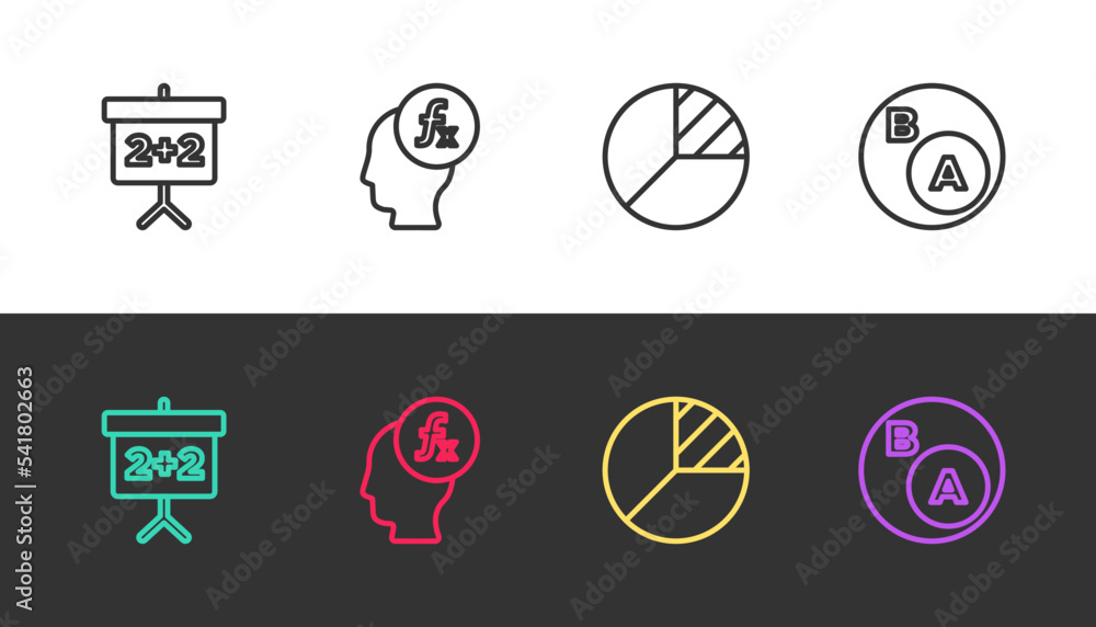 Poster set line chalkboard, function mathematical symbol, pie chart infographic and subsets, math, is subse