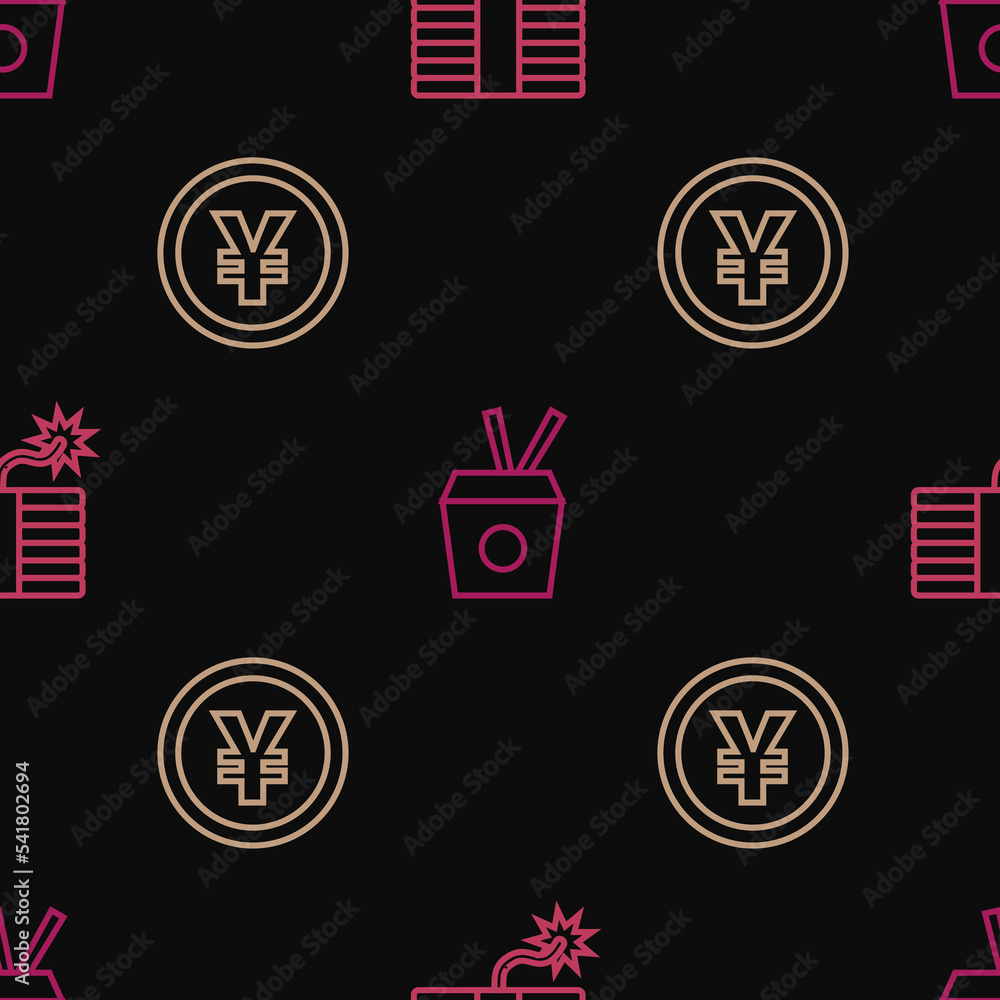 Poster set line firework, chinese yuan currency and noodles box and chopsticks on seamless pattern. vector