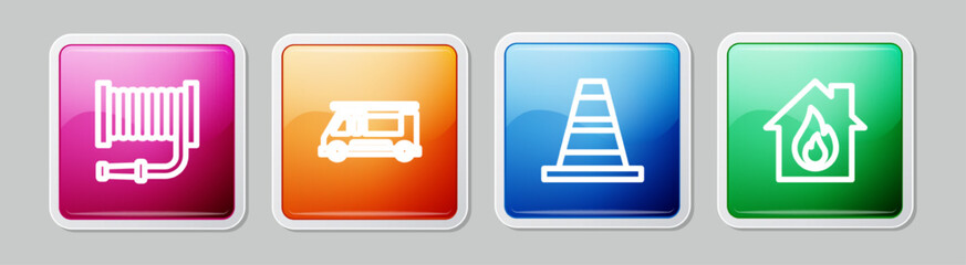 Set line Fire hose reel, truck, Traffic cone and in burning house. Colorful square button. Vector
