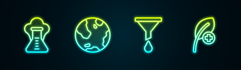 Set line Chemical explosion, Earth globe, Funnel or filter and Leaf leaves. Glowing neon icon. Vector