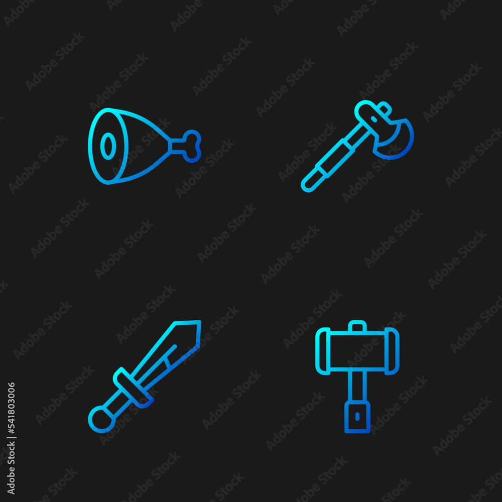 Wall mural set line battle hammer, medieval sword, chicken leg and wooden axe. gradient color icons. vector