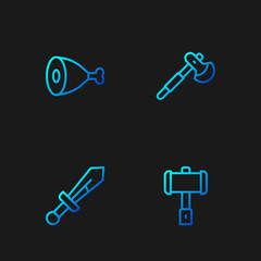 Set line Battle hammer, Medieval sword, Chicken leg and Wooden axe. Gradient color icons. Vector