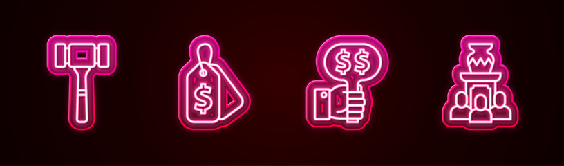 Set line Auction hammer, Price tag with Sale, Hand holding auction paddle and ancient vase. Glowing neon icon. Vector
