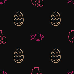 Set line Priest, Easter egg and Christian fish symbol on seamless pattern. Vector