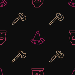 Set line Magic rune, Wooden axe and Hunting horn on seamless pattern. Vector