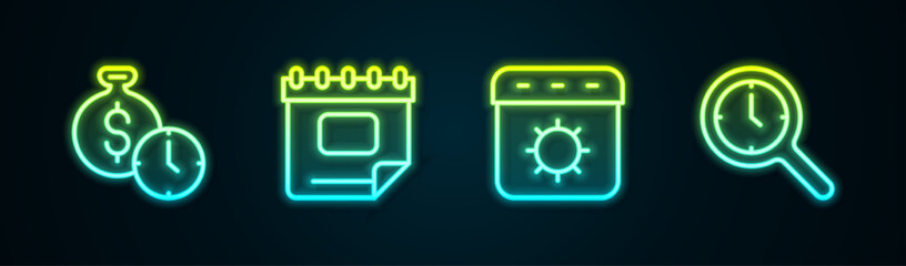 Set line Time is money, Calendar, summer and Magnifying glass with clock. Glowing neon icon. Vector
