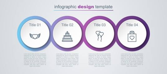 Set line Heart with wings, Wedding cake, Balloons form of heart and Shopping bag. Business infographic template. Vector