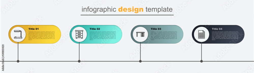 Poster set line file document, office desk, drawer with documents and table lamp. business infographic temp