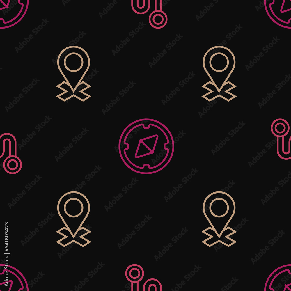 Aufkleber set line route location, location and compass on seamless pattern. vector