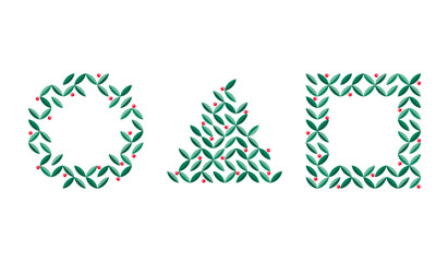 Set of Christmas abstract geometric symbols frame tree wreath vector illustration Christmas green ornament for web mobile post cards