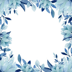 Watercolor frame with blue succulent and herbs clipart for greeting cards and wedding invitations. Romantic gentle design on white background.