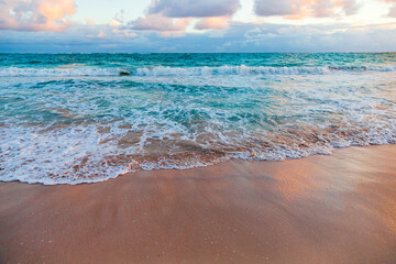 Coastal Caribbean landscape with shore waves and wet sand