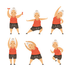 Senior Woman with Grey Hair Doing Physical Exercises Stretching Vector Set