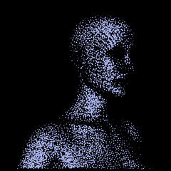 Abstract 3D illustration of the human face made of particles. Conceptual vector illustration of the artificial intelligence.