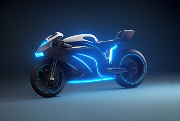 Obraz na płótnie Canvas Futuristic Generic 3D motorcycle concept design with blue neon ambiance and black body, mixed digital 3d illustration and matte painting