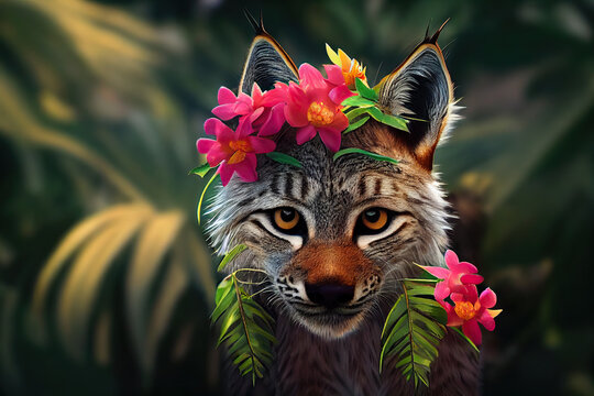 cute realistic lynx on tropical jungle full of exotic flowers and leaves. Amazing tropical floral pattern for print, web, greeting cards, wallpapers, wrappers. 3d illustration