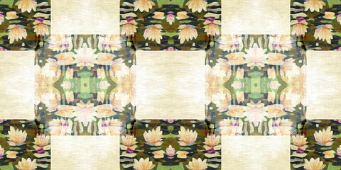Floral patchwork quilt seamless border. Ornate geo swatch for exotic nature ribbon. Cottagecore flower petal hand made bohemian washi tape