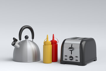 Fototapeta premium Toaster, kettle with kitchen utensil for preparation of breakfast on white