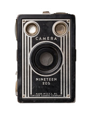 vintage black box camera from the 1920s, classic elegant art deco design, manufactured in the USA...
