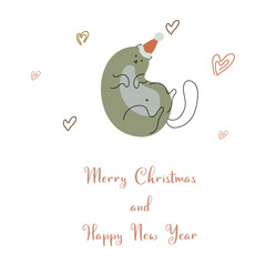 Merry Christmas and Happy New Year. Cute cards for Christmas. Fluffy cats in Santa Claus hats. Pet. Vector illustration.