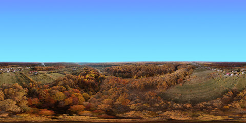 360-degree panorama from a drone. Thick big forest and blue sky. Beautiful landscape