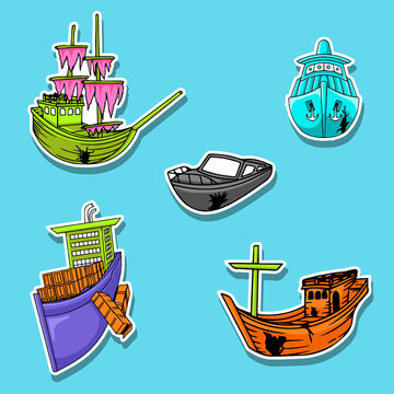 Set of different types of boats and boats isolated