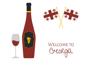 Vector illustration of wine bottle and wine glass. Wine from Georgia and Georgian flags. The bottle of wine isolated on white background. Text welcome to Georgia. - 541807449