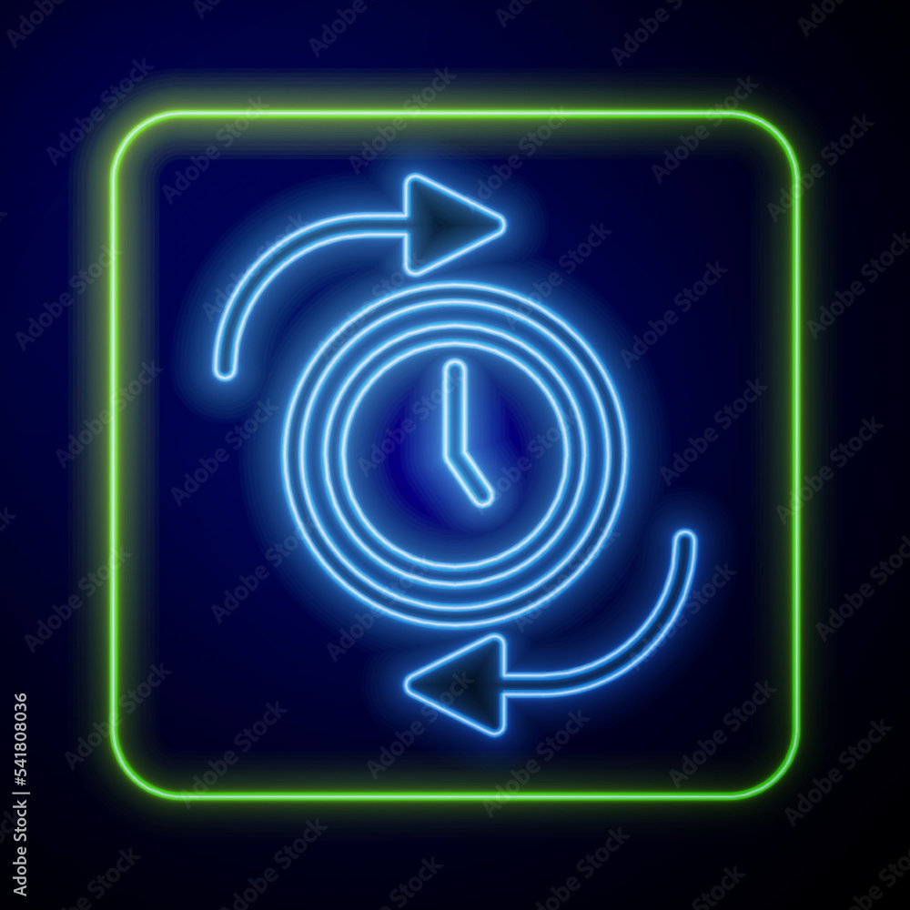 Poster glowing neon clock with arrow icon isolated on blue background. time symbol. clockwise rotation icon