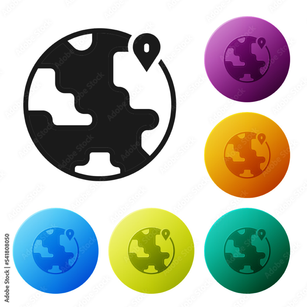 Poster black location on the globe icon isolated on white background. world or earth sign. set icons in col