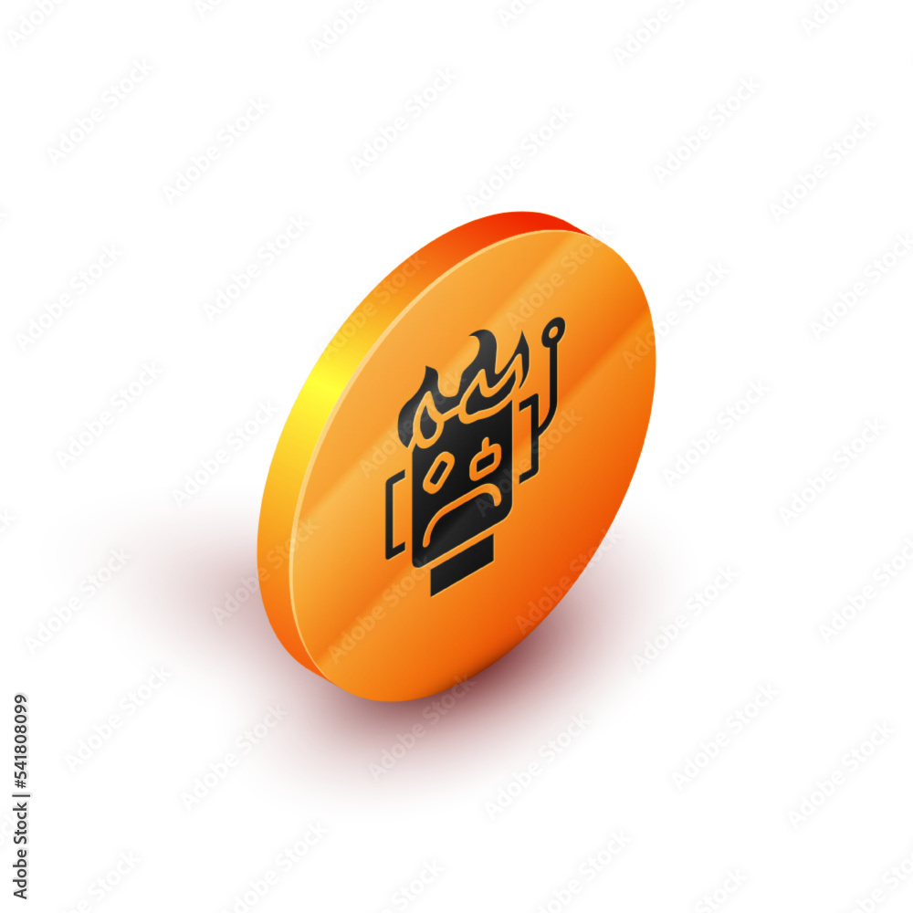 Poster isometric robot burned out icon isolated on white background. orange circle button. vector