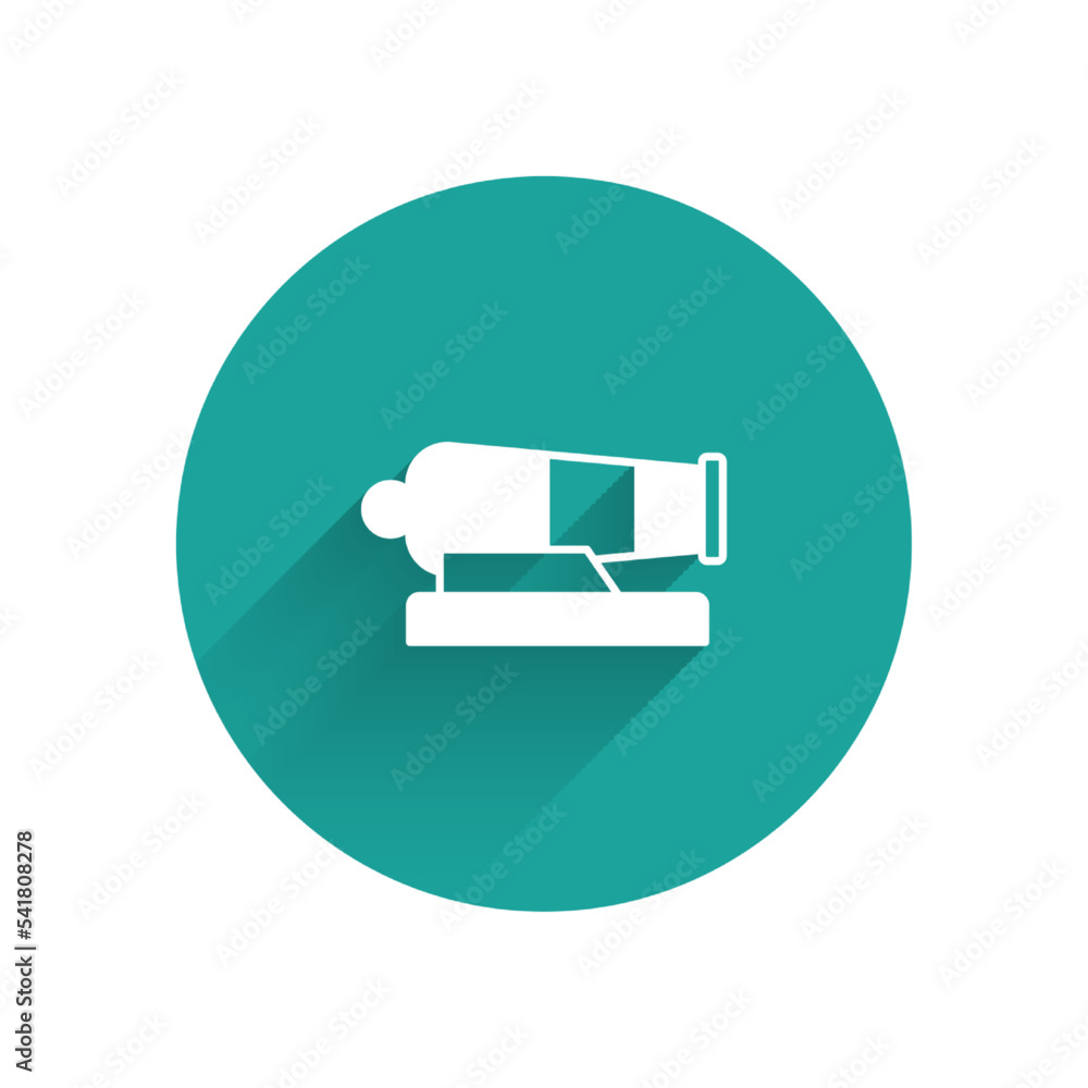 Poster white cannon icon isolated with long shadow background. green circle button. vector