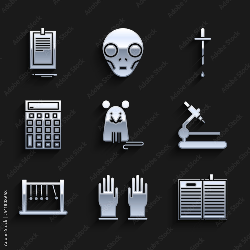 Sticker Set Rat, Rubber gloves, Open science book, Microscope, Pendulum, Calculator, Pipette and Clipboard with document icon. Vector