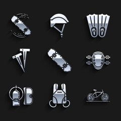 Fototapeta premium Set Skateboard trick, Parachute, Bicycle, Knee pads, Diving mask and aqualung, Pegs for tents, Rubber flippers swimming and icon. Vector