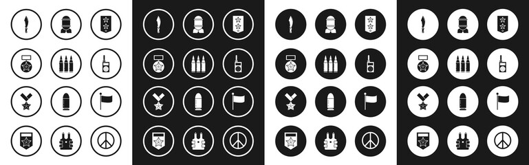 Set Chevron, Bullet, Military reward medal, knife, Walkie talkie, Aviation bomb, Flag and icon. Vector