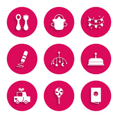 Set Baby crib hanging toys, Lollipop, shower invitations card, poster, Cake with burning candles, Toy, Wax crayon for drawing, Carnival garland flags and cutlery fork spoon icon. Vector