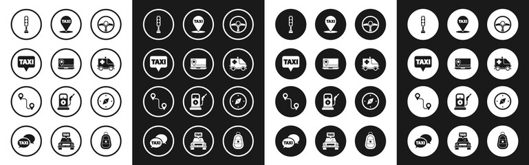 Set Steering wheel, Laptop with location marker, Map pointer taxi, Traffic light, Ambulance and emergency car, Compass and Route icon. Vector