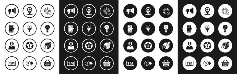 Set Target with dollar symbol, Lead management, Smartphone, mobile phone, Megaphone and, Light bulb, Map pointer star, Money diagram graph and Business planning mind icon. Vector