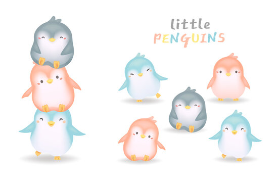 Cute and funny penguins set with different poses