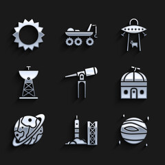 Set Telescope, Rocket launch from the spaceport, Planet Venus, Astronomical observatory, Saturn, Satellite dish, UFO abducts cow and Sun icon. Vector