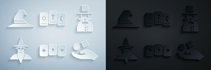 Set Playing cards, Magician, Wizard warlock, Cube levitating above hand, Three tarot and Witch hat icon. Vector