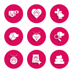 Set Collar with name tag and heart, Bag of food for dog, Shit, Veterinary clinic symbol, and icon. Vector