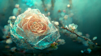 real rose with many green leaves on its branches many crystal clear broken ice blue roses blue crystal dew on the roses background 3d render. - obrazy, fototapety, plakaty