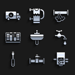 Set Washbasin, Industry pipe and valve, Gas boiler, Water tap, Screwdriver, Test tube with water drop, Broken and Plumber service car icon. Vector